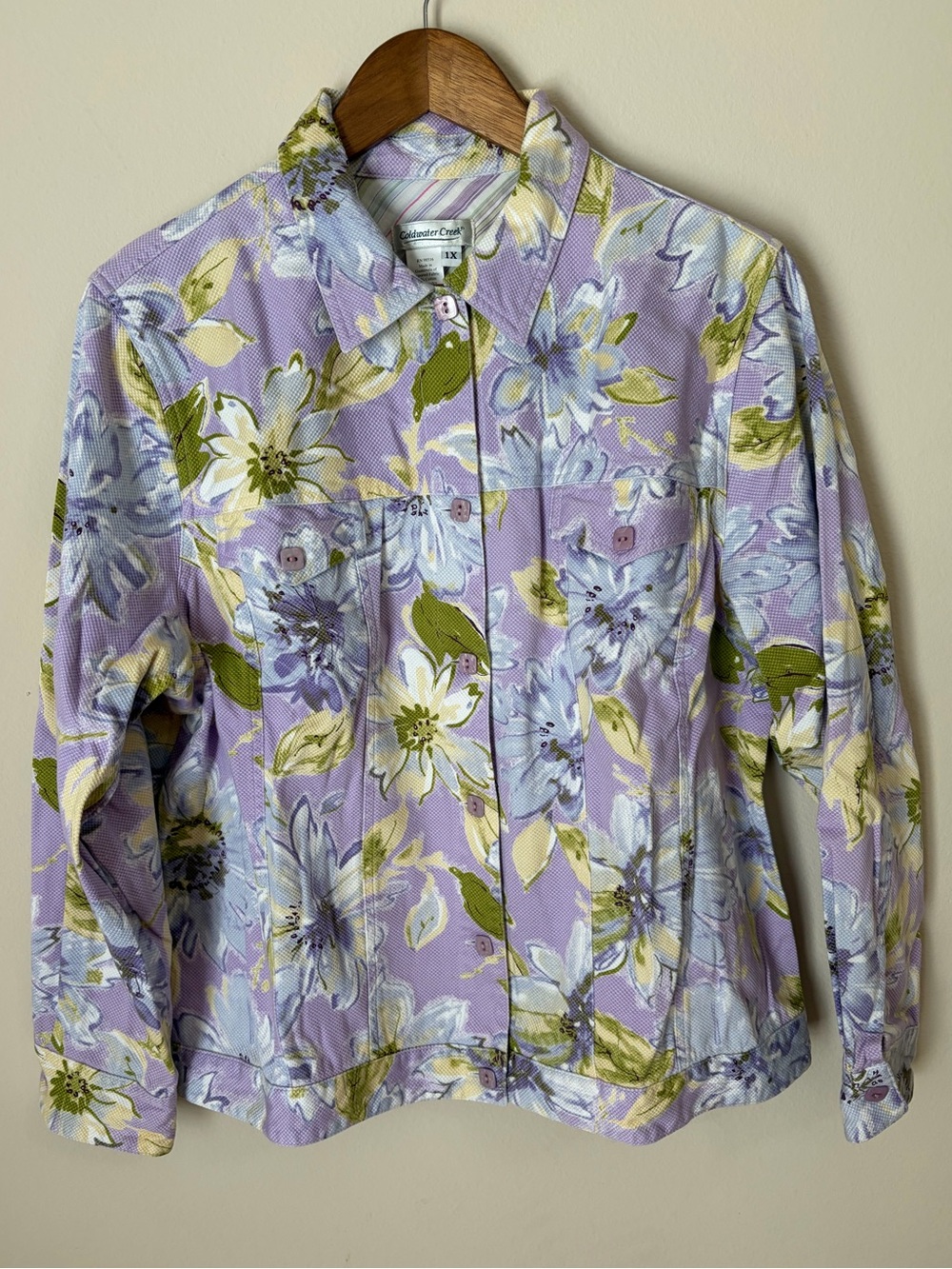Coldwater Creek  Lavender Floral Button Cotton Jacket Size 1X